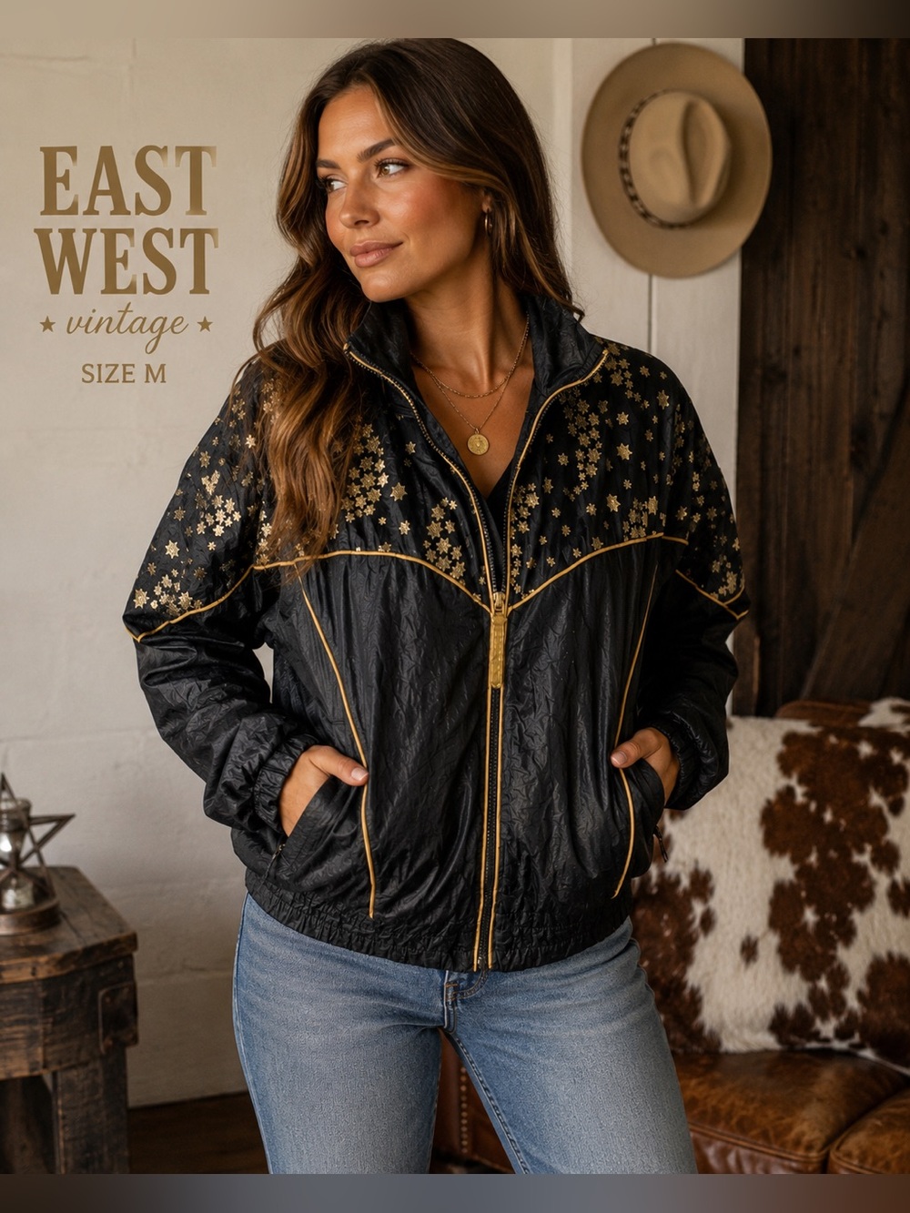 Vintage East West Black Gold Star Western Windbreaker Jacket Size M